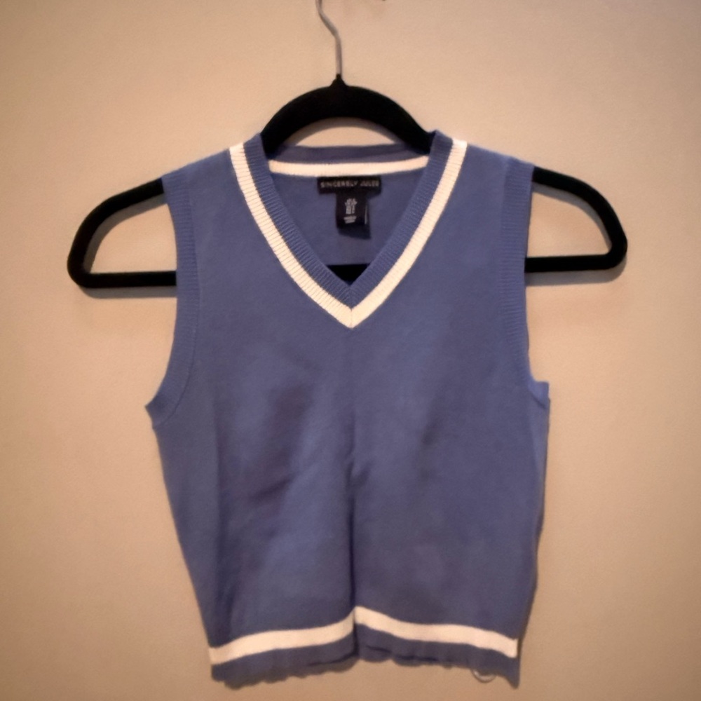 Blue Sleeveless V-Neck Sweater Vest with Matching Skirt